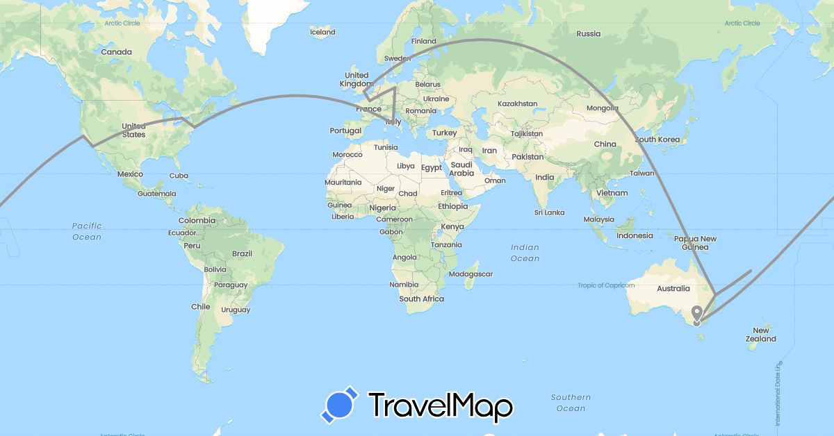 TravelMap itinerary: driving, plane in Australia, Canada, China, Germany, France, United Kingdom, Italy, United States, Vanuatu (Asia, Europe, North America, Oceania)